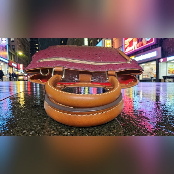 Dooney & Bourke Burgundy Ostrich Zip Satchel With Tan Handles - Picture 5 of 16